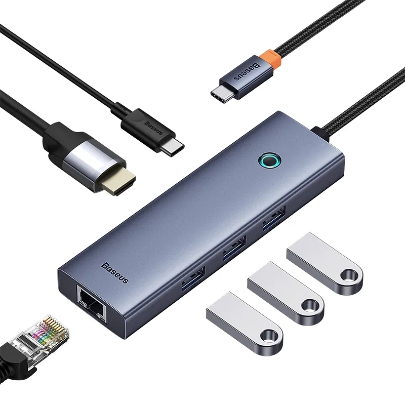 Хаб Baseus UltraJoy Series 6-Port HUB Docking Station (Type-C to HDMI4K@30Hz*1+USB 3.0*3+PD*1+RJ45*1), Grey (B00052802811-00). Фото 2