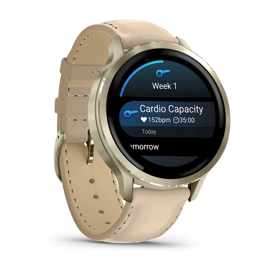 Умные часы Garmin Venu 4 41мм Лунно-золотистые с силиконовым ремешком цвета слоновой кости + кожаный ремешок песочного цвета (010-03013-03). Фото 4