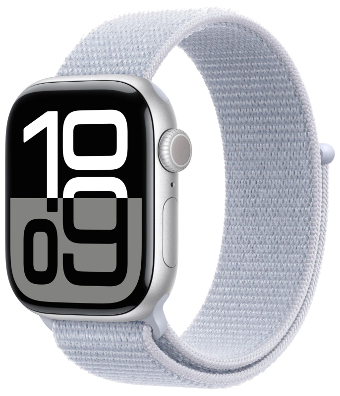 Apple Watch Series 10 LTE, 46 мм, серебристый алюминий, спортивный браслет цвета "Blue Cloud" (MWY23). Фото 1