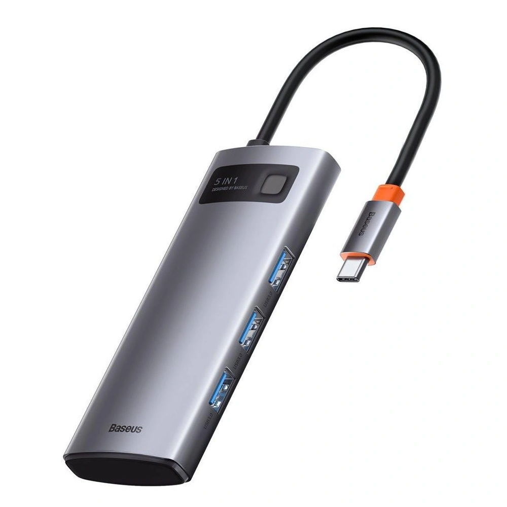 Хаб Baseus Metal Gleam Series 5-in-1 100W 3xUSB 3.0, HDMI 4K, USB-C PD, Тёмно-серый (CAHUB-CX0G). Фото 1
