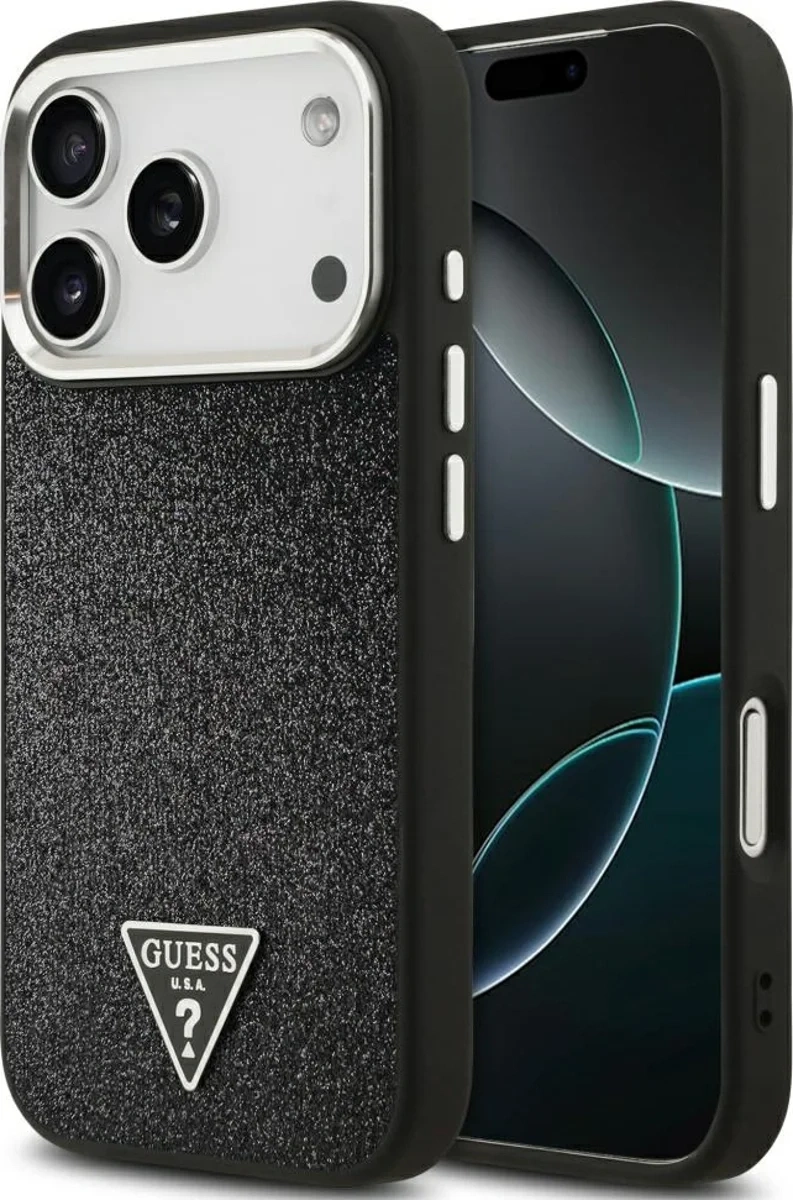 Накладка Guess для iPhone 17 Pro Fixed Glitters Tringle metal logo & Camera (MagSafe), Чёрная (GUHMP17LPFGTSCMK). Фото 1