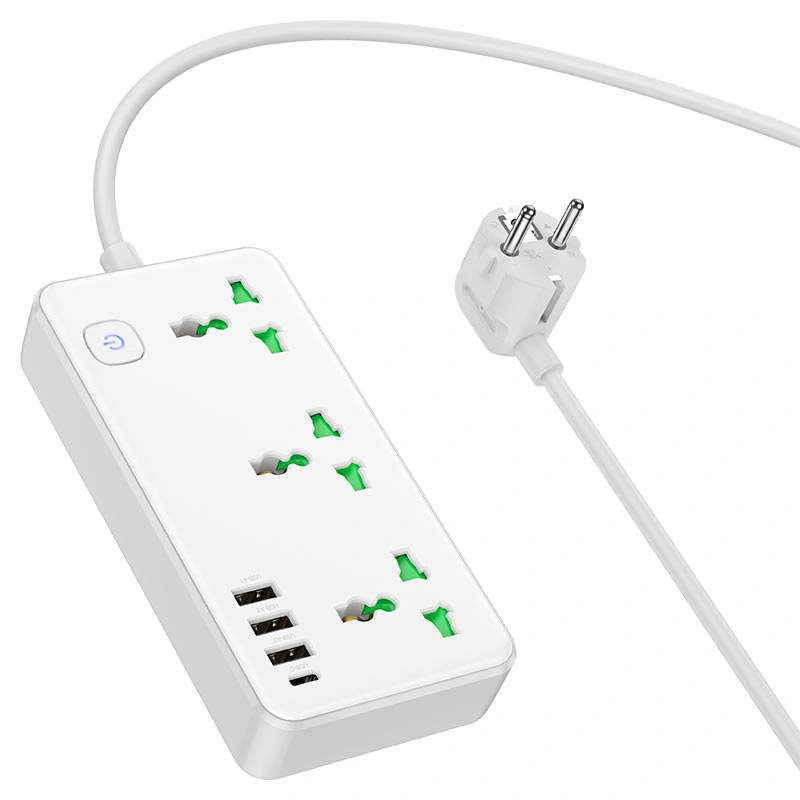 Сетевой фильтр Hoco AC7A Storm 3*AC-розетки, 1*USB-C, 3*USB-A, 1.5м, Белый. Фото 2