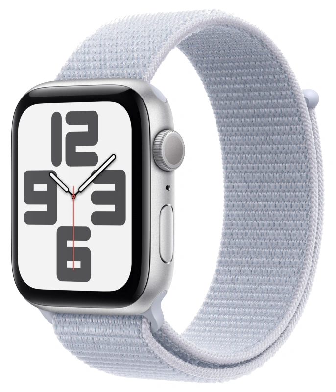 Apple Watch SE 2024, 44 мм, 44 мм, корпус из алюминия серебристого цвета, спортивный браслет дымчато-голубого цвета (MXET3). Фото 1