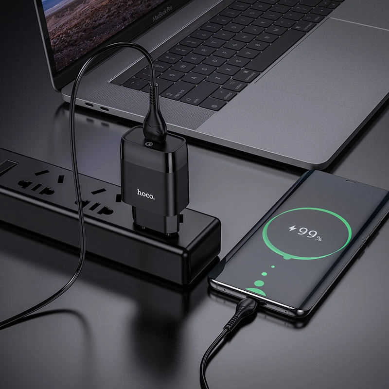 Сетевое зарядное устройство Hoco C72Q Glorious 1xUSB, 3А, 18W, QC3.0 + USB кабель Type-C, 1м, Чёрное. Фото 3