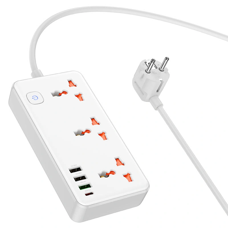 Сетевой фильтр Hoco AC8A 3 гнезда, USB-C, 3*USB-A 2500W 1.5m, Белый. Фото 2