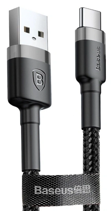 Кабель Baseus Cafule Cable USB For Type-C QC3.0 3A 1m, Серо-чёрный (CATKLF-BG1). Фото 1