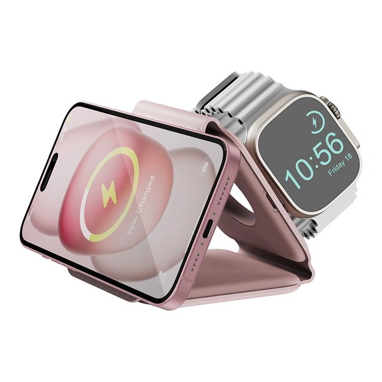 Беспроводное зарядное устройство EnergEA Bazic GoMag Trio PLUS magnetic wireless foldable 15W, Pink (GM-TRIOPLUS-PNK). Фото 1