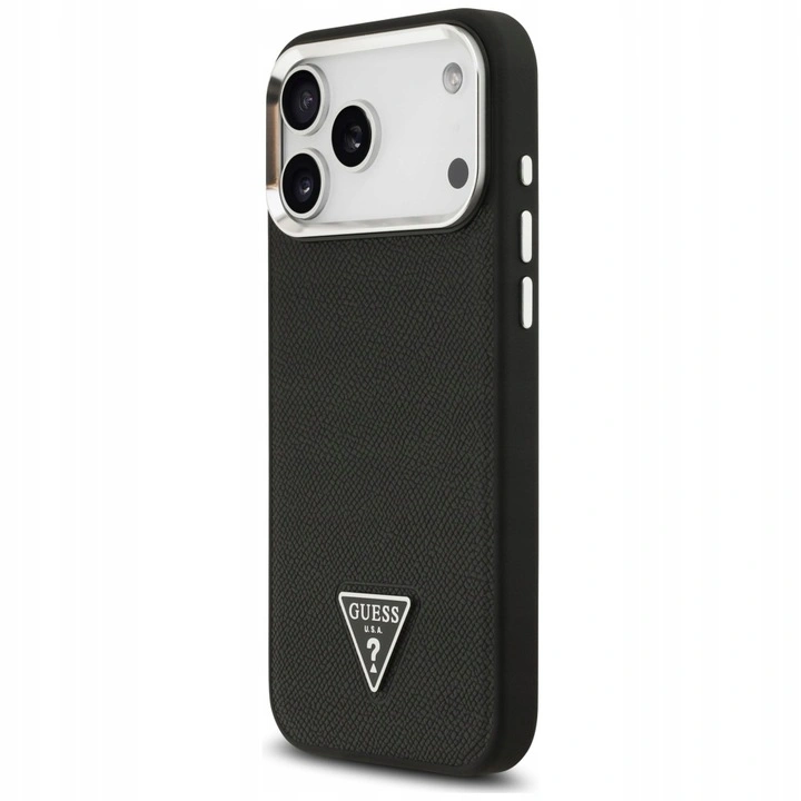 Накладка Guess для iPhone 17 Pro Max PU Grained leather Triangle metal logo & Cam (MagSafe), Чёрная (GUHMP17XPGTSPSK). Фото 2