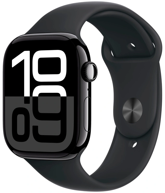 Apple Watch Series 10, 46 мм, алюминий цвета «чёрный глянец», спортивный ремешок чёрного цвета, M/L (MWWQ3). Фото 1