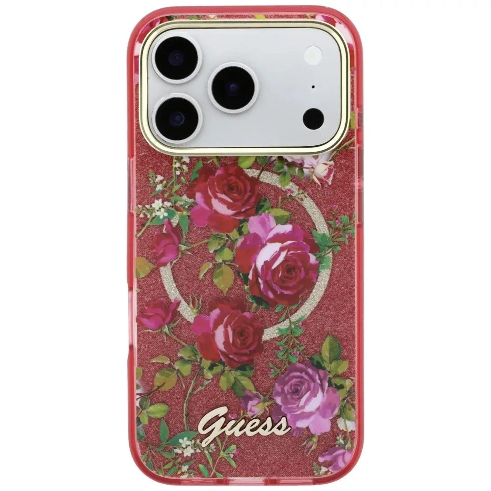 Накладка Guess для iPhone 18 Pro / 17 Pro IML Glitter Flowers Roses Metal Logo&Cam Hard (MagSafe), Burgundy (GUHMP18L6HTBGSLU). Фото 2