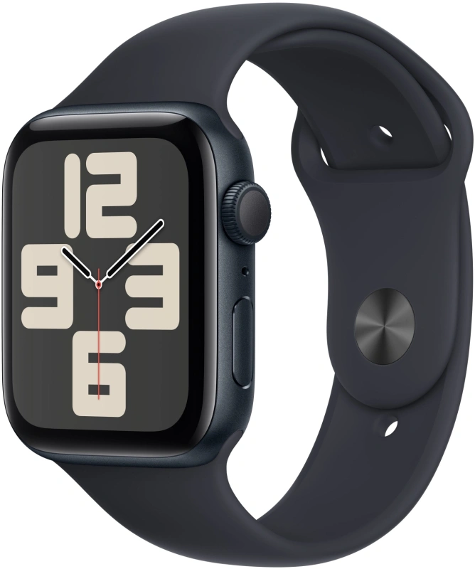 Apple Watch SE 2024, 44 мм, алюминий цвета "тёмная ночь", Midnight Sport Band, размер S/M (MXEJ3). Фото 1