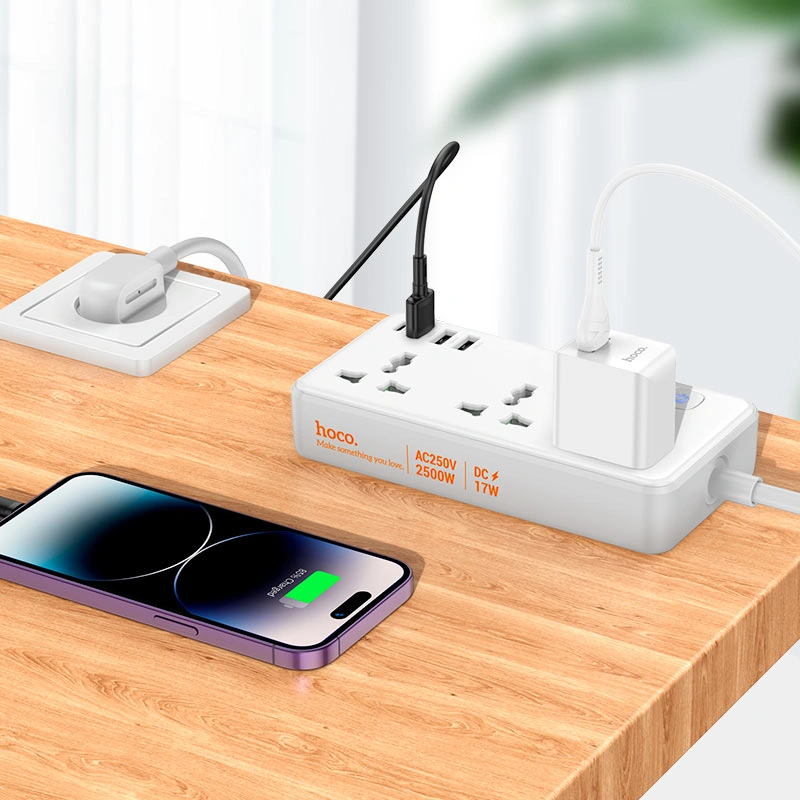 Сетевой фильтр Hoco AC7A Storm 3*AC-розетки, 1*USB-C, 3*USB-A, 1.5м, Белый. Фото 4