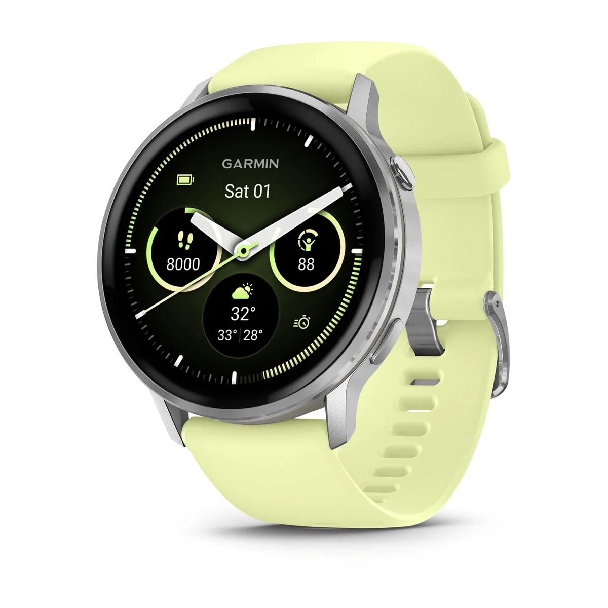 Умные часы Garmin Venu 4 45мм Серебристые с лимонным силиконовым ремешком (010-03014-42). Фото 1
