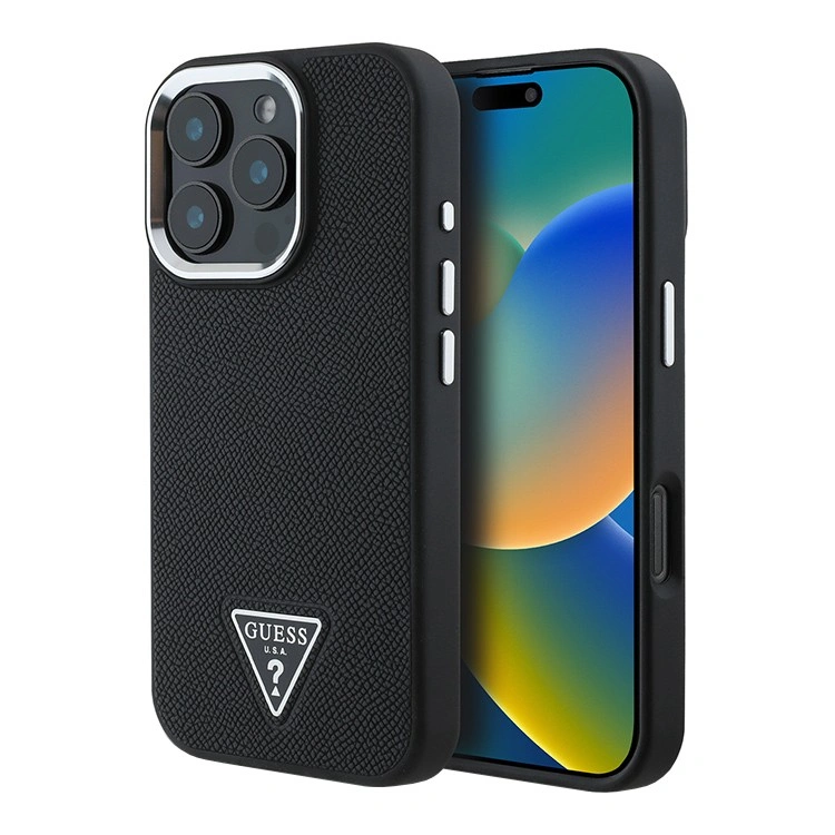 Накладка Guess для iPhone 16 Pro Max PU Grained leather Triangle metal logo Hard (MagSafe), Black (GUHMP16XPGTSPSK). Фото 1