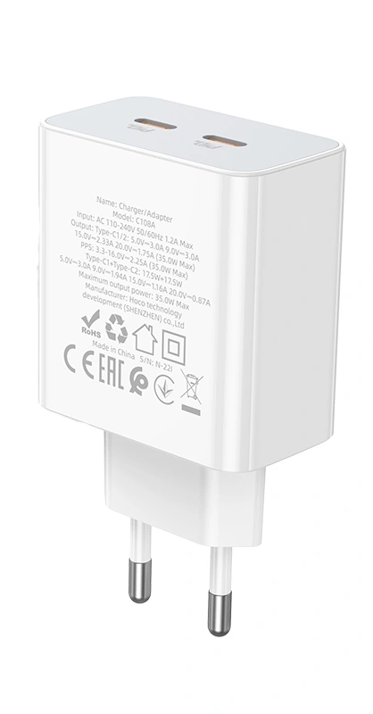 Сетевое зарядное устройство Hoco C108A Leader 2xUSB-C, 3А, PD35W + USB-C кабель Lightning 8-pin, 1 м, Белый. Фото 3